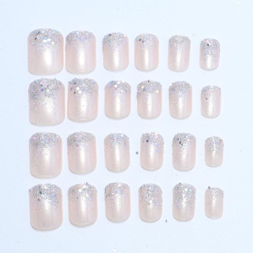 AZTSYT 24Pcs Short Press On Nails Square Shape Fake Nail with Glitter Powder Decor Glitter French Tip Glue on Nails Acrylic Nails Glitter Full Cover Nails Artificial Fake Nails For Women Girl Nail Art