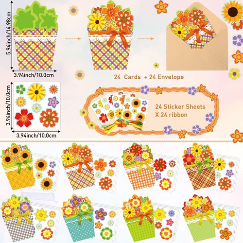 Pasimy 24 Sets Thanksgiving Card Making Kits Fall Handmade DIY Greeting Cards with Flowers Stickers Envelopes Ribbons for Autumn Preschool Primary School Kids Classroom Make Your Own Crafts Gifts