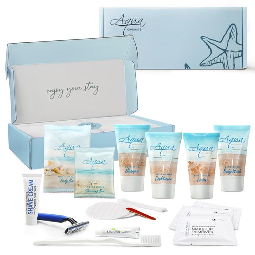1-Shoppe All-in-Kit|Aqua Organics Amenity & Accessory Kit|1oz Travel Size Shampoo, Conditioner, Lotion, Body Wash,Body Bar, Cleansing Bar, Shave & Dental Sets, Make-Up Remover Wipes & Vanity Kit|1 set
