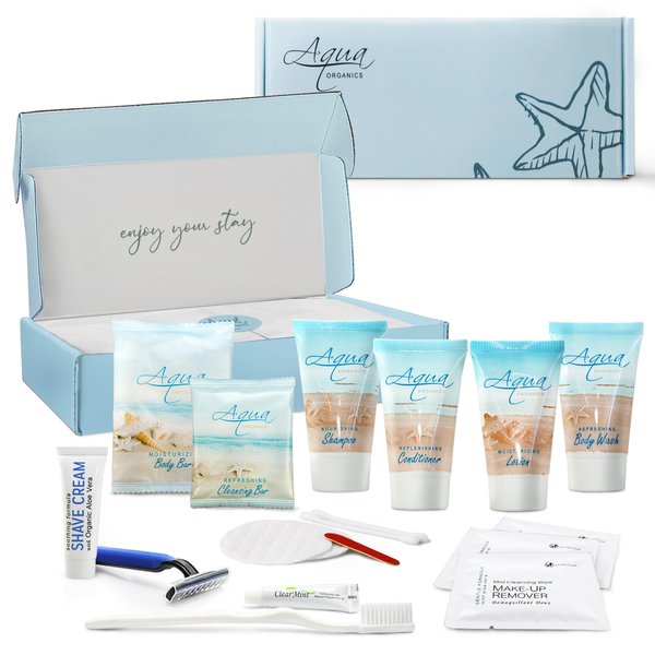 1-Shoppe All-in-Kit|Aqua Organics Amenity & Accessory Kit|1oz Travel Size Shampoo, Conditioner, Lotion, Body Wash,Body Bar, Cleansing Bar, Shave & Dental Sets, Make-Up Remover Wipes & Vanity Kit|1 set