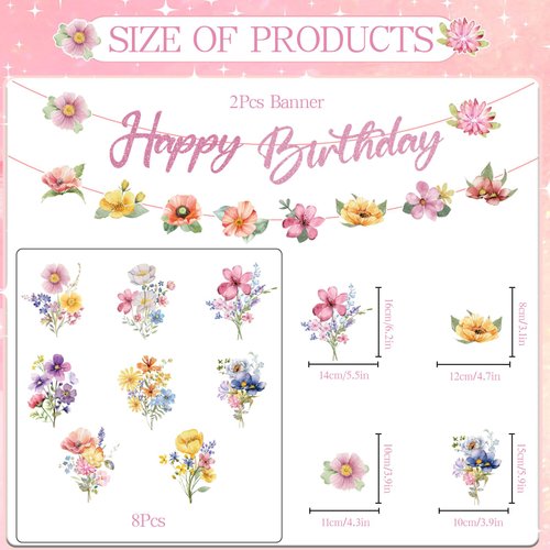 Luvsweets Wildflower Happy Birthday Decorations - 10 Pcs Birthday Party Decorations for Girls Glitter Banner Garland Floral Hanging Swirls Decor Flower Decoration for Women Party Supplies
