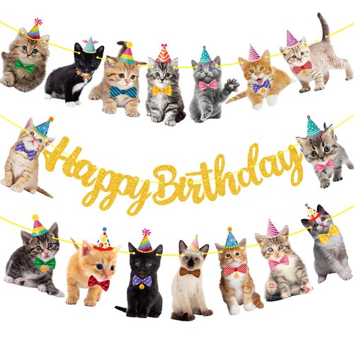 Cat Birthday Banner Decorations Kitten Birthday Party Decorations Supplies Gold Glitter Cat Happy...