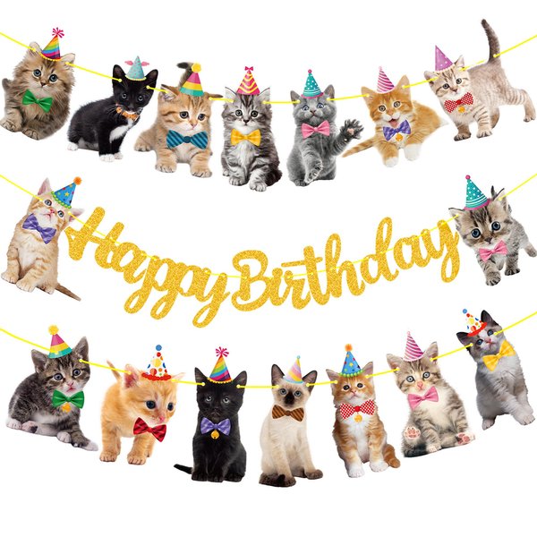 Cat Birthday Banner Decorations Kitten Birthday Party Decorations Supplies Gold Glitter Cat Happy Birthday Banner Decorations for Pet Kitten Theme Birthday Party Bunting Decorations Supplies