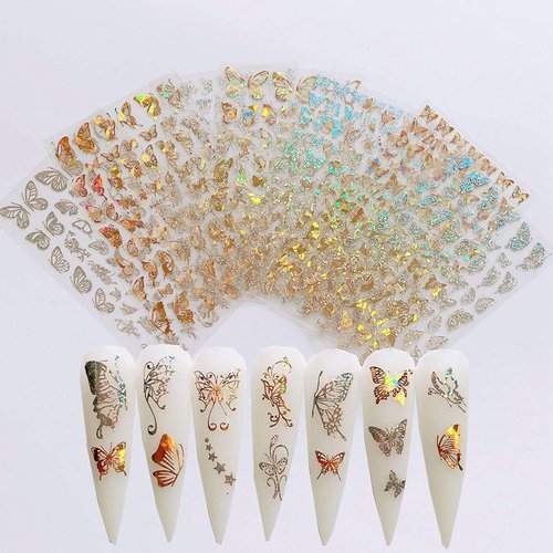 Butterfly Nail Art Stickers Decals Laser Butterfly Stickers Nail Designs 3D Gold Butterflies Nail Art Adhesive Sticker Sheets Nail Foil Luxury Butterfly Nail Stickers for Nail Art Decoration (8 Pcs)