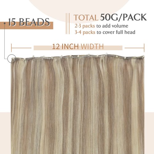 Sunny Hair Beaded Weft Hair Extensions Human Hair 50G Micro Bead Weft Hair Extensions Real Human Hair Straight Weft Hair Extensions with Micro Beads Easy Weft Golden Blonde with Blonde 14 inch