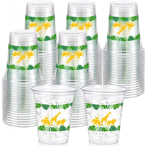 Funnymoom 60 Pack Jungle Safari Animals Cup 12 oz Wild Animals Disposable Clear Plastic Cups Safari Cups for Two Wild Zoo Jungle Animals Themed Birthday Baby Shower Party Decorations Supplies