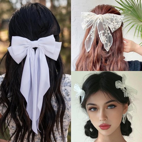6PCS White Hair Bows for Women, Coquette Bows Hair Clips Hair Ribbons Long Tail Lace Bows Cute Aesthetic Wedding Hair Accessories for Women Girls Gifts
