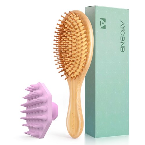 Natural Bamboo Hair Brush&Scalp Massager Shampoo Brush Set, Silicone Body Scrubber,Scalp Exfoliator Detangling Brush, Scalp Stimulator,Paddle Bristles Brush for Women Men Kids, All Hair Types