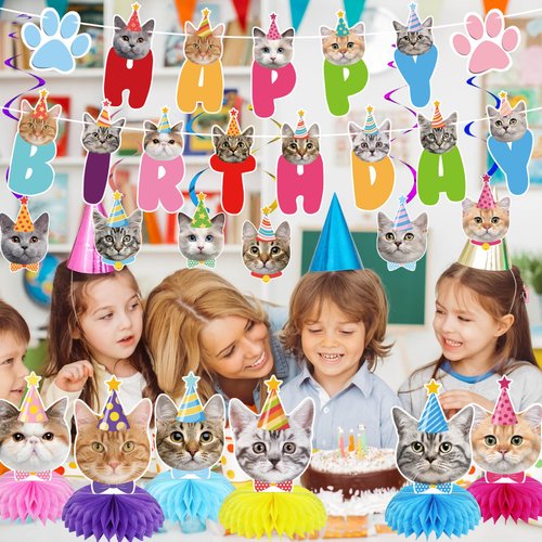 GOYOSWA Cat Birthday Party Supplies Cat Birthday Party Decorations, Cat Themed Birthday Party Supplies Includes 1 Birthday Banner, 6 Cat Honeycomb Centerpieces, 6 Hanging Swirls with 6 Cat Cutouts Decorations (Colorful Cat Style)