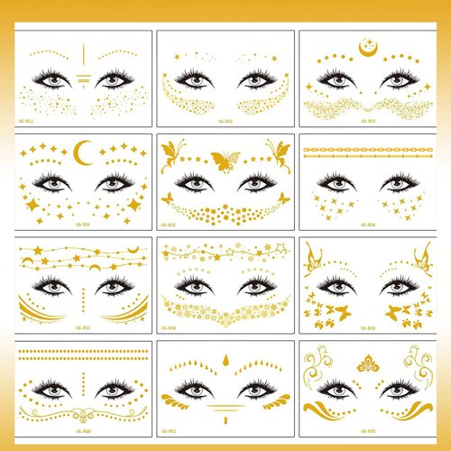 AUOCATTAIL 12 Sheets Halloween Metallic Glitter Face Temporary Tattoo Stickers and Freckle Stickers, Butterfly Star Temporary Waterproof Tattoo Stickers for Women's Parties, Festivals, Cosplay