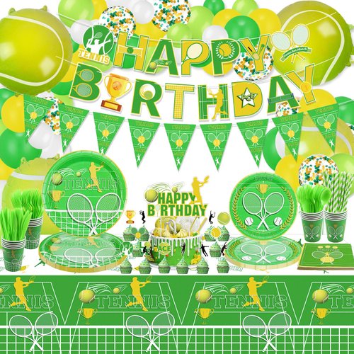 Tennis Birthday Party Supplies, Includes Flag, Birthday Banner, Tablecloth, Plates, Napkins, Cups, Straws, Cupcake Toppers, Balloons for Men Women Kids Birthday Party Decorations, Serve 20 Guests