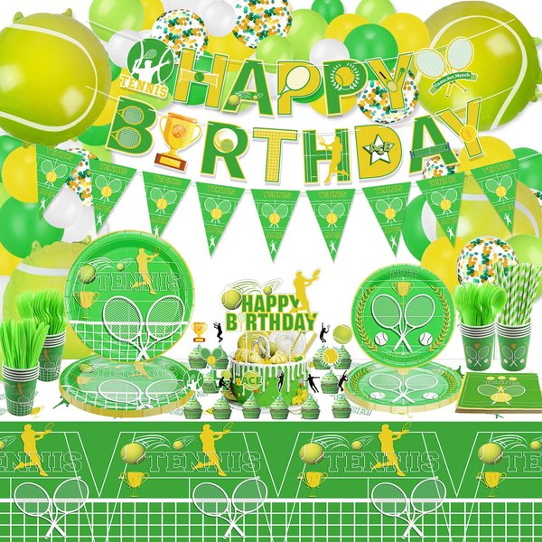 Tennis Birthday Party Supplies, Includes Flag, Birthday Banner, Tablecloth, Plates, Napkins, Cups, Straws, Cupcake Toppers, Balloons for Men Women Kids Birthday Party Decorations, Serve 20 Guests