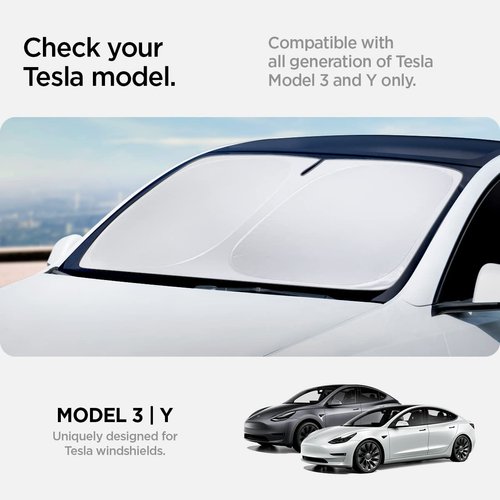 Spigen Triple-Coated CryoShade Front Windshield Sunshade (Reinforced Velcro Strap) Designed for All Tesla Model 3 and Y 2024/2023 / 2022