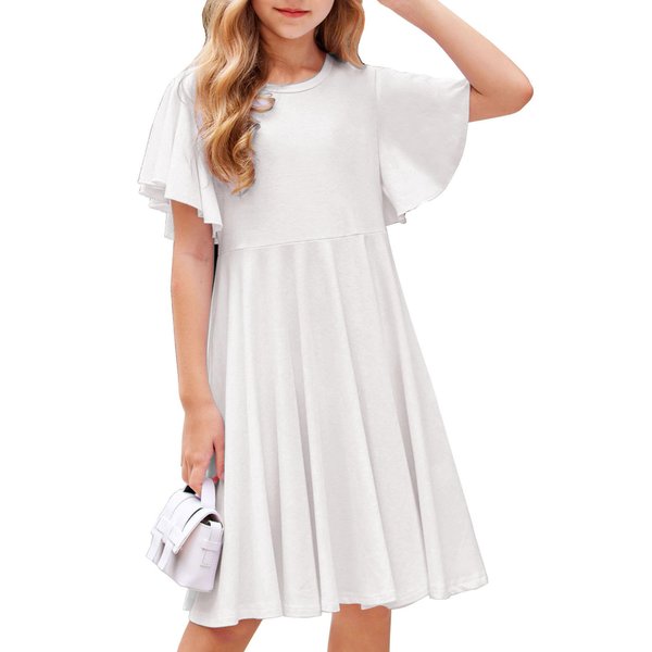 Arshiner Girl Dress Summer Flutter Sleeve Plain Classic Swing Skater White Tunic A-Line Dress Size 10 with Pockets Short Sleeve Casual Dresses Size 10-12