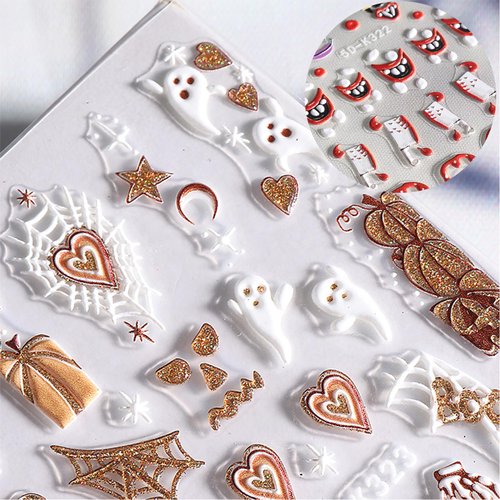 Halloween Nail Art Stickers 5D Embossed Designs White Skull Bone Teeth Clown Ghost Nail Decals for DIY Halloween Nail Art Supplies Decoration Holiday Manicure