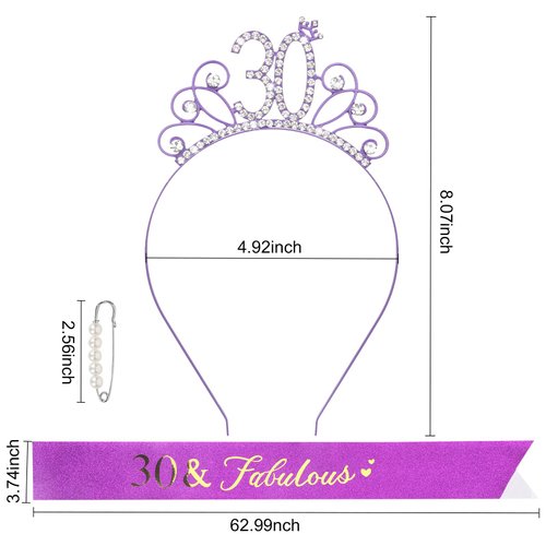 YARIEW 30th Birthday Decorations 30th Birthday Headband + 30 & Fabulous Birthday Sash + Pearl Pin Set, 30th Birthday Sash and Tiara for Women, Happy 30th Birthday Gifts for Women