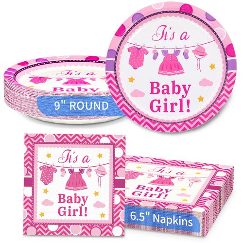 DYLIVeS Pink Baby Shower Disposable Tableware, It's a Baby Girl Paper Dinner Plates and Napkins for Gender Reveal Party Supplies Baby Girl Birthday Party, Baby Girl Shower Party Decorations, Serve 16
