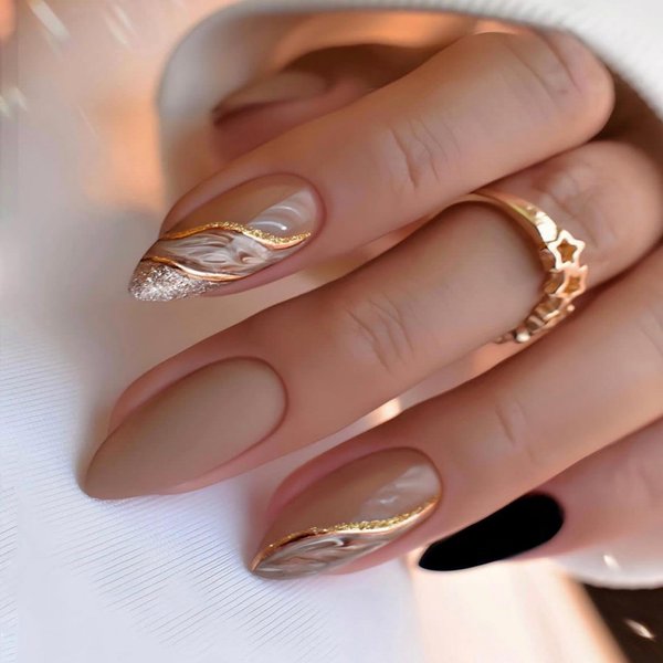 Coffee Press on Nails Medium Almond Fake Nails French Tip with Gold Line Design Black Glue on Nails Full Cover Glossy Brown False Nails Acrylic Stick on Nails for Women Manicure 24pcs
