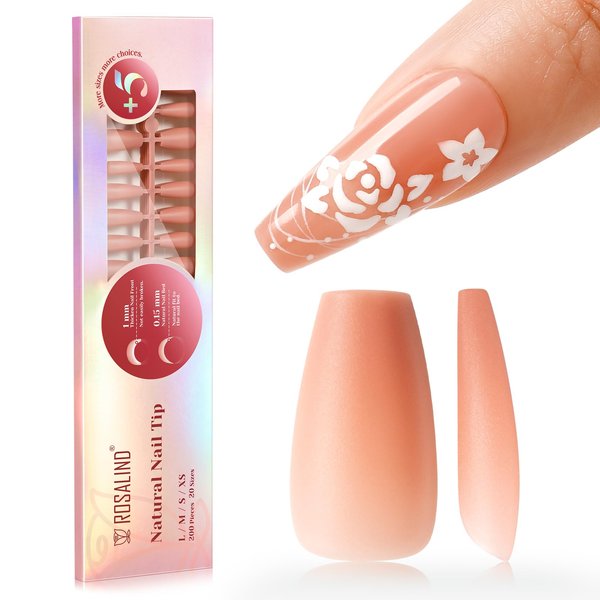 ROSALIND Rosy Nude Coffin Nail Tips, 200 PCS Nude Matte Medium Coffin Nail Tips Full Cover Acrylic Nail Tips, Nude Pre-colored Fake Press On Nails Nail Extensions 20 Sizes Manicure Artificial Nails
