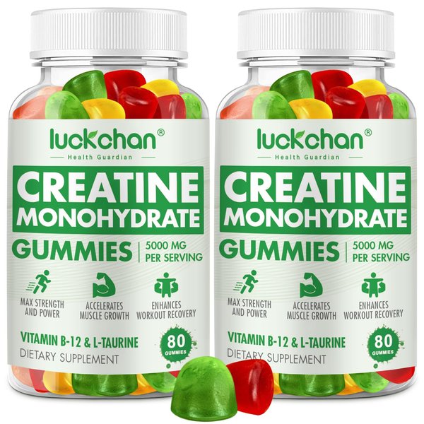 LUCKCHAN Creatine Monohydrate Gummies 5000mg for Men & Women (2 Pack) - Chewables Creatine Monohydrate for Muscle Strength, Muscle Builder, Energy Boost, 160 Count Pre-Workout Supplement- Made in USA