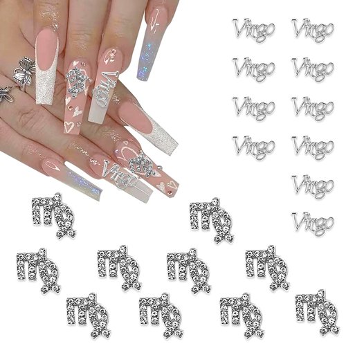 XEAOHESY 20 Pieces Silver Alloy Virgo Zodiac Nail Charms 10pcs Virgo Symbols Sign Charms for Nails 10pcs Virgo Words Nail Charms for Women Nail Art Decoration