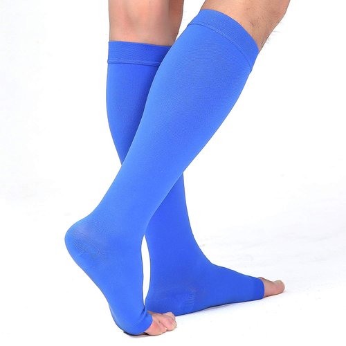 TOFLY® Compression Stockings (Pair), Grade Firm Support 20-30mmHg, Opaque, Unisex, Open Toe Knee High Compression Socks for Varicose Veins, Edema, Shin Splints, Nursing, Travel, Blue XXL