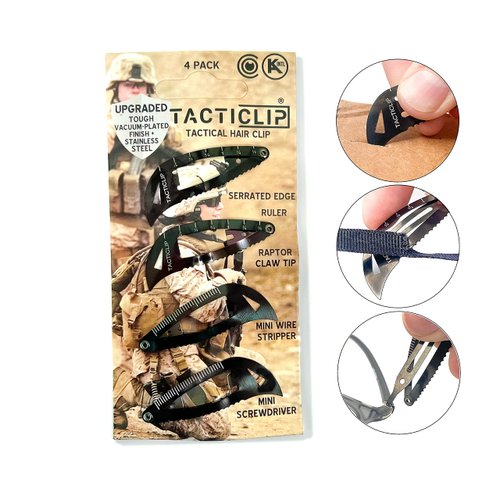 Tactical Hair Clips, 4 Pack - Black - Multitool Snap Barrettes - Laser Engraved, Vacuum Plated, Multi-Functional Keychain Multi Tool - Box Cutter, Serrated Edge, Raptor Claw