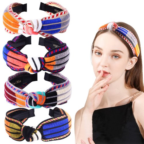 Knotted Boho Headbands for Women Girls, Embroidery Top Knot Wide Head Bands Cute Turban Hair Bands Handmade Hair Accessories for Workout GYM Yoga Party Holiday