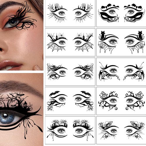 Generic Halloween Eye Shadow Stickers Temporary Tattoos Spider Bat Pumpkin Designs Makeup Face Stickers Women Halloween Party 3D Self- Adhesive Eye Art Decoration Tools20 Pcs /10 Pairs, Black