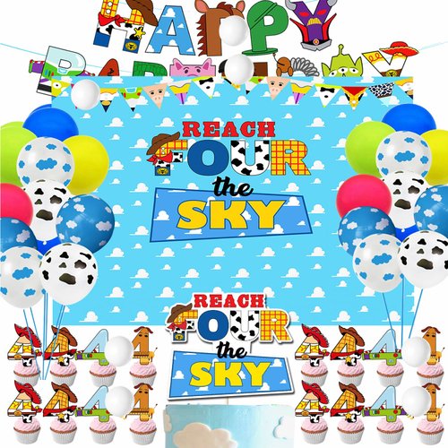 Cartoon Story Party Supplies 4th Birthday include Reach Four The Sky Cake Topper Backdrop Cupcake Toppers Balloons Banner for 4th Boys Girls Birthday Decorations