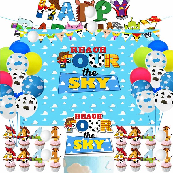 Cartoon Story Party Supplies 4th Birthday include Reach Four The Sky Cake Topper Backdrop Cupcake Toppers Balloons Banner for 4th Boys Girls Birthday Decorations