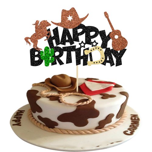 1Pcs Cowboy Happy Birthday Cake Topper Wild West Horse Western Themed Cake Pick Decorations Black Brown Glitter Hat boot Shooting Horse Party Decoration Supplies for Boys Man Kids