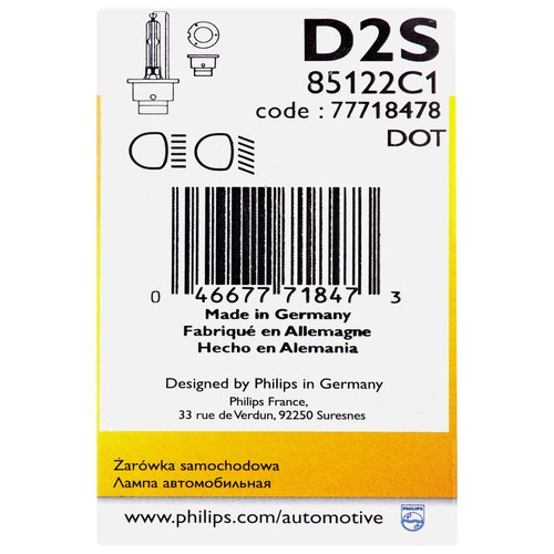 PHILIPS - 85122C1 Philips D2S Standard Authentic Xenon HID Headlight Bulb, 1 Pack