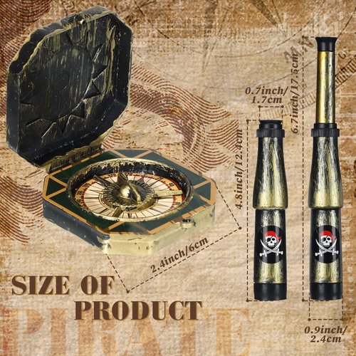 Zubebe 12 Pcs Halloween Pirate Telescope and Compass Pirate Treasure Party Favors Bulk Plastic Captain Telescope Antique Compass Prop Retro Pirate Spyglass for Halloween Birthday Party Supplies