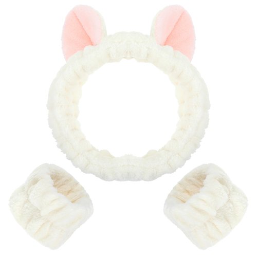 APLZGMG 3Pcs Cat Ears Spa Headband and Wristband Set, Cute Cat HeadBand for Washing Face, Soft Stretch Plush Hair Band Coral Fleece Skincare Headband Wrist Band for Women Makeup, Shower, Facial