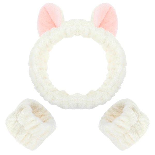 APLZGMG 3Pcs Cat Ears Spa Headband and Wristband Set, Cute Cat HeadBand for Washing Face, Soft Stretch Plush Hair Band Coral Fleece Skincare Headband Wrist Band for Women Makeup, Shower, Facial