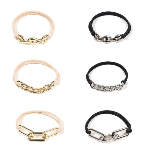 6Pcs Metal Chain Bracelet Hair Ties Elastic Hair Ring Ropes Hair Jewelry Accessories Ponytail Holders Bracelet Hair Ties With Beige Black Elastic, 3pcs Gold and 3pcs Silver