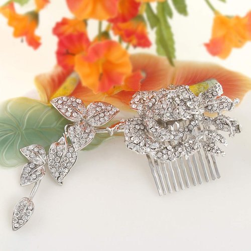 EVER FAITH Wedding Flower Leaf 5.5 Inch Hair Comb Clear Austrian Crystal Silver-Tone