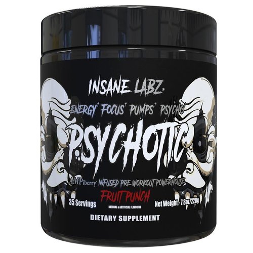 Insane Labz Psychotic Black Edition Mid Stimulant Pre Workout Powder, Energy Focus Pumps, Loaded with Creatine Beta Alanine Taurine Fueled by AMPiberry, 35 Servings (Fruit Punch)