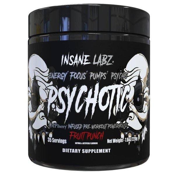 Insane Labz Psychotic Black Edition Mid Stimulant Pre Workout Powder, Energy Focus Pumps, Loaded with Creatine Beta Alanine Taurine Fueled by AMPiberry, 35 Servings (Fruit Punch)