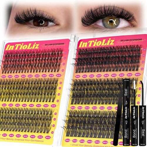 InTioLiz Lash Clusters Kit 40D+50D+60D+80D+100D+200D Individual Lashes 480PCS D Curl 10-16mm Diy Eyelash Extension Kit with Cluster Lash Bond & Seal and Applicator for Eyelashes Extension Beginners