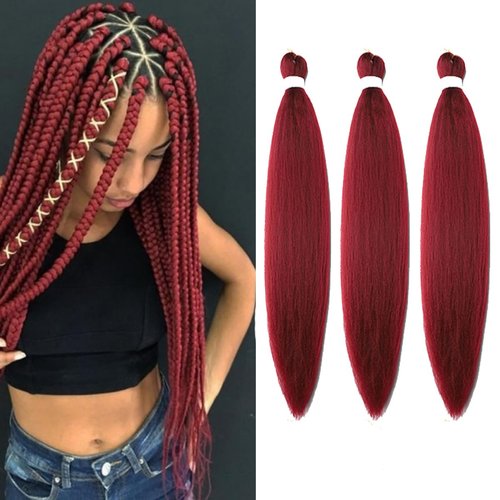 Braiding Hair Pre Stretched 30 Inch Burgundy Braiding Hair 3 packs Professional Crochet Hair Extensions Yaki Straight High Temperature Synthetic Fiber for Braids（30"A19)
