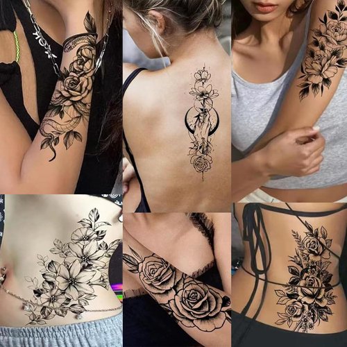 18 Sheets Flower Temporary Tattoos Adult for Women Arm Neck, Waterproof Black Long Lasting Tattoos Realistic 3D Body Art Arm Abdomen Back Sketch Tattoo Stickers