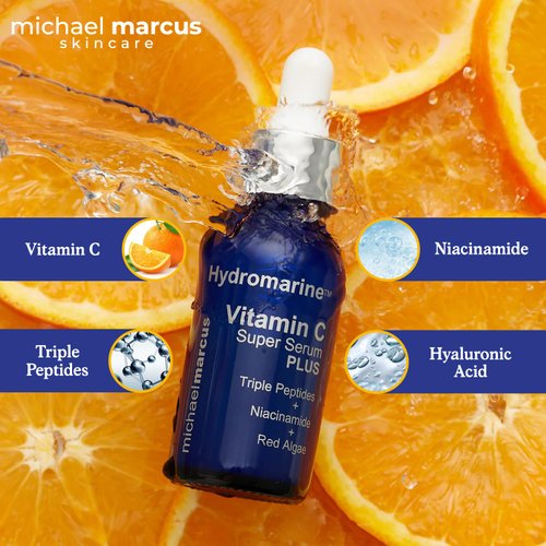 Michael Marcus Hydromarine™ Vitamin C Face Serum PLUS with Hyaluronic Acid & Triple Peptides - Reduce Dark Spots, Anti-Wrinkle, Anti-Aging, & Skin Brightening Vitamin C Serum - (30ml, 1 fl. oz)