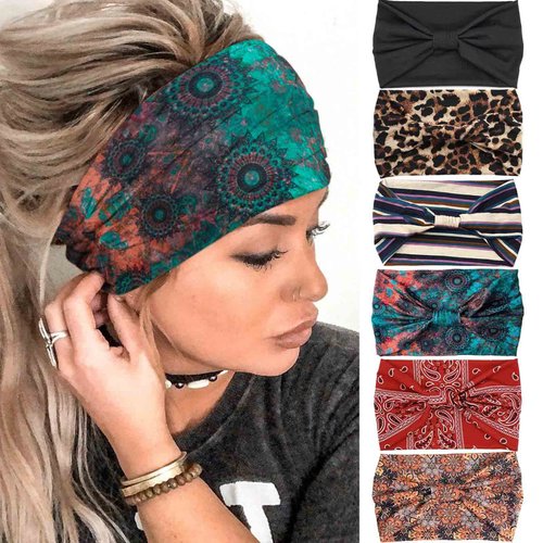 Olbye Boho Headbands Women Wide Knotted Hairbands Elastic Turban Head bands Nonslip Floral Headband Yoga Sports Sweatbands Workout Head Wraps Bandana Hair Scarfs Bohemian Hair Accessories 6Pcs