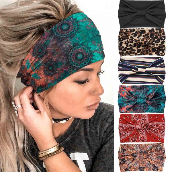 Olbye Boho Headbands Women Wide Knotted Hairbands Elastic Turban Head bands Nonslip Floral Headband Yoga Sports Sweatbands Workout Head Wraps Bandana Hair Scarfs Bohemian Hair Accessories 6Pcs