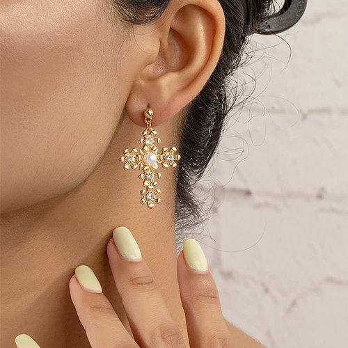 Luckwelry Gothic Cross Earring Gothic Earrings Cross Stud Earrings with Pearl Rhinestone Cross Dangle Drop Earrings Jewelry for Women Gifts for Teens (Gold)