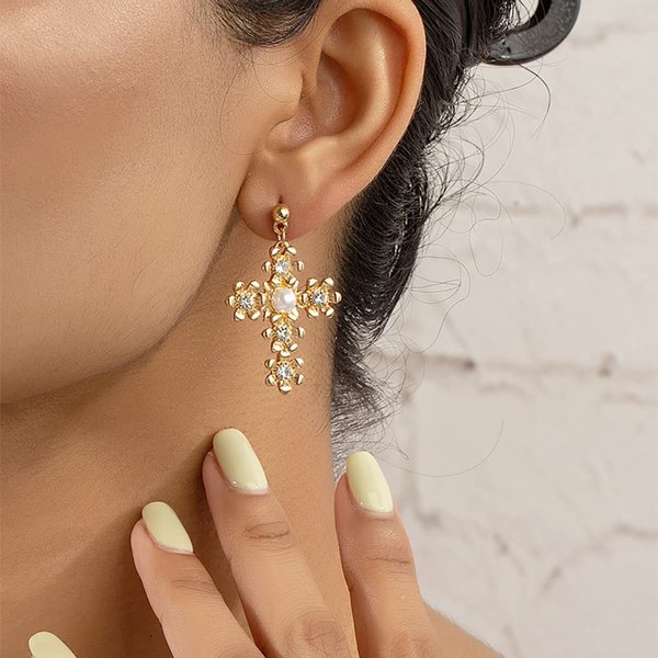 Luckwelry Gothic Cross Earring Gothic Earrings Cross Stud Earrings with Pearl Rhinestone Cross Dangle Drop Earrings Jewelry for Women Gifts for Teens (Gold)