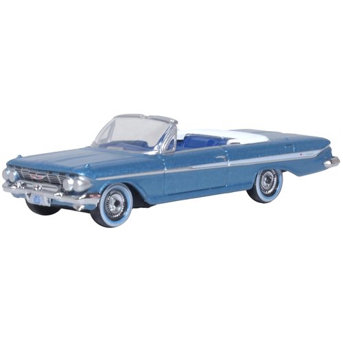 1961 Chevy Impala Convertible Jewel Blue Metallic and White with Blue Interior 1/87 (HO) Scale Diecast Model Car by Oxford Diecast 87CI61006