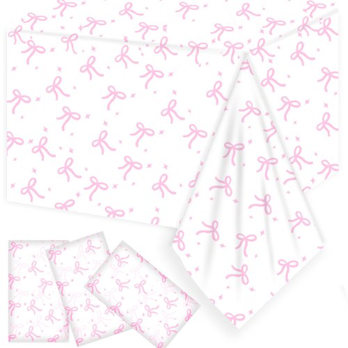 3 Pack Coquette Pink Bow Tablecloth Coquette Birthday Decorations Plastic Pink Bow Theme Party Table Cover for Girl Birthday Bachelorette Bridal Engagement Wedding Sweet Baby Shower Party Supplies